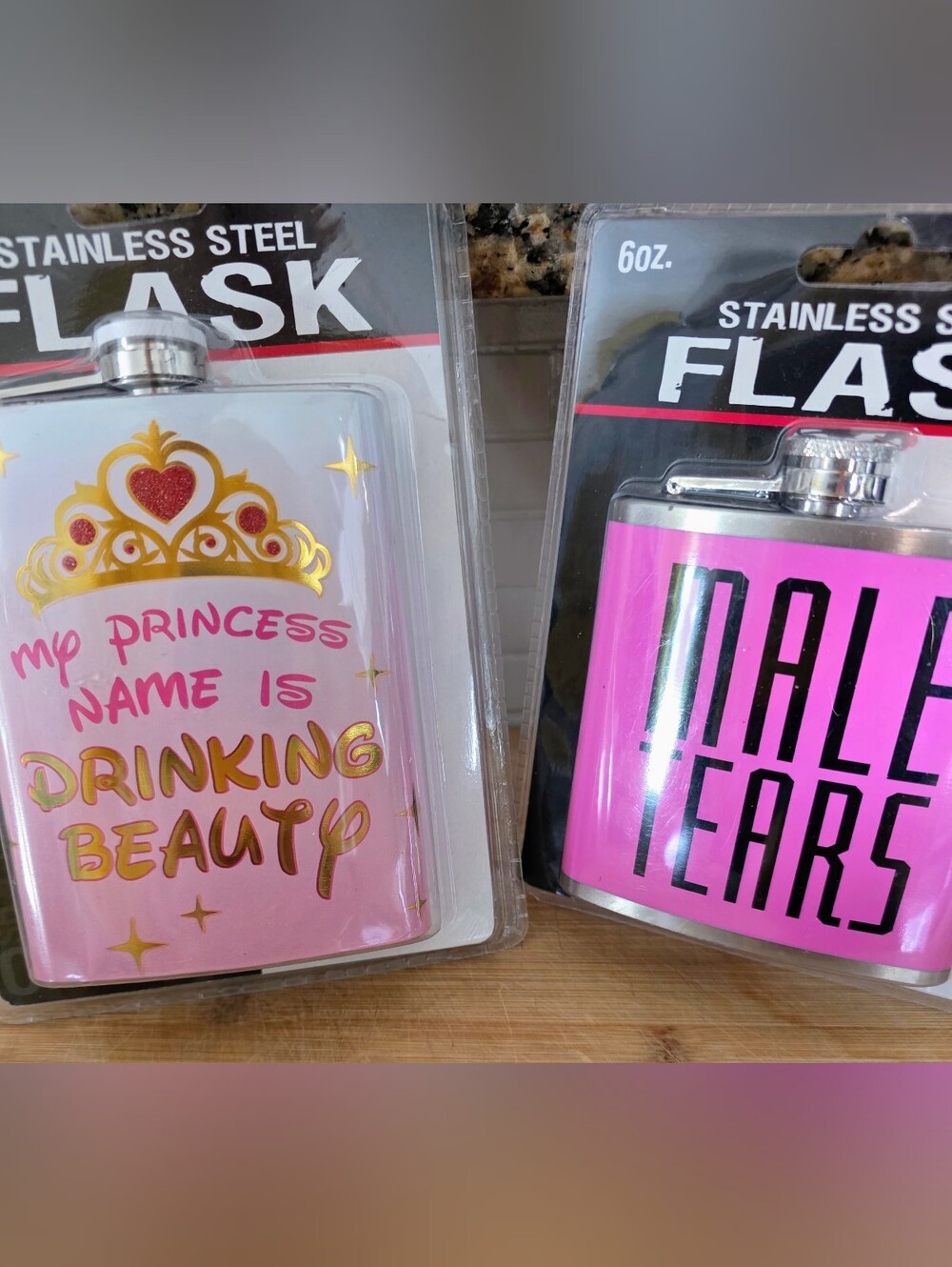 2 Disney-style Bachlorette Pink Steel Flasks Princess Drinking Beauty/Male Tears
